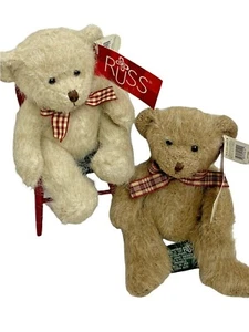 2 Valentines Russ Bears Retired Tan & Brown 4" New Tags Fur looking Sitting Bear - Picture 1 of 9