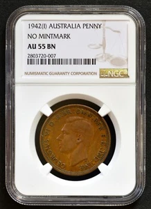 1942-I Australia Bombay Penny - No Mint Mark - RARE missing I - NGC aUNC AU55 BN - Picture 1 of 6