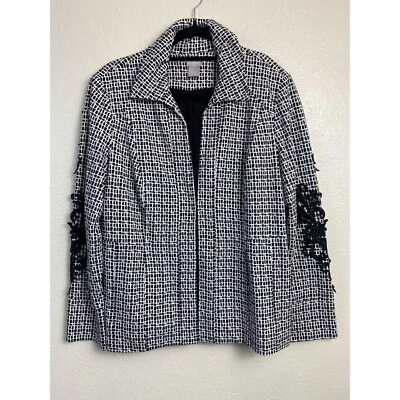 Chico's 1 черный белый цветочный аппликация кружева блейзер куртка размер 10 офис карьера - Изображение 1 из 4