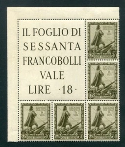 1938 Regno Impero 10/25/30 cent. blocchi angolare di 5 valori splendidi e MNH ** - Picture 1 of 2