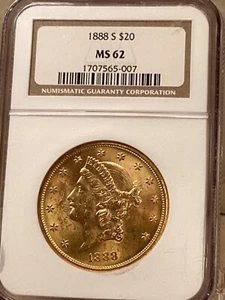 1888S $20 gold liberty head double eagle NGC MS 62 - Picture 1 of 3