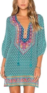 Women Bohemian Neck Tie Vintage Printed Ethnic Style Summer Shift Dress L/XL NWT - Picture 1 of 10