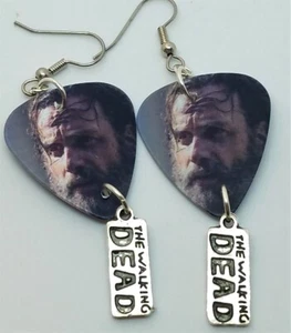 The Walking Dead Rick Grimes Guitar Pick Earrings with Charm Dangles - Picture 1 of 3
