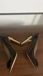 Chanel Black Patent Peep Toe Block Heel Pumps CC logo Italy 41/US 10.5 - Picture 1 of 23