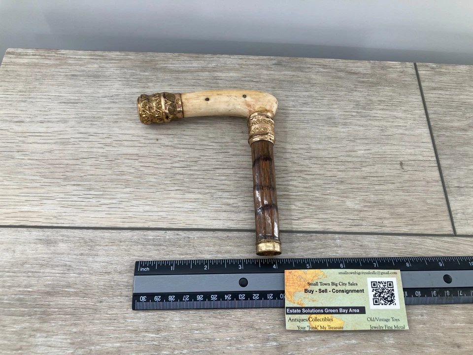 Antiguo mango de paraguas de caña de hueso de ciervo K&H chapado en oro varilla de bambú Foto 1 de 4