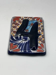 Talavera Mexican Folk Art Pottery Tile House Number 4 Blue Multi Color - Picture 1 of 5