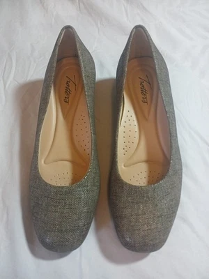Zapatos Trotters Marrón Taupe Gris Estampado Tweed Cuña Baja Cuero Tacón Talla 7.5W Foto 1 de 4
