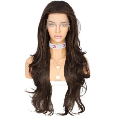 T 蕾丝正面假发分层 Choc 棕色合成头发耐热长波浪 — 第 1/4 张图片