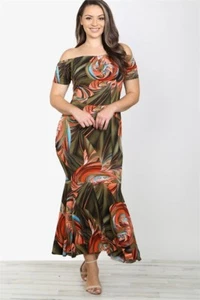 Maxi Vestido Para Mujer Talla Grande Oliva Hombro Frío Bodycon 2X Corte Sirena Elastizado - Imagen 1 de 2