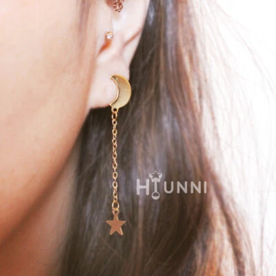 Handmade 20g Star Moon long dangle chain earrings, 316l surgical steel, pair - Image 1 of 4