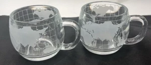 Vintage Nestle Coffee Tea Mugs Cups Etched Glass Globe World set of 2 - Picture 1 of 10
