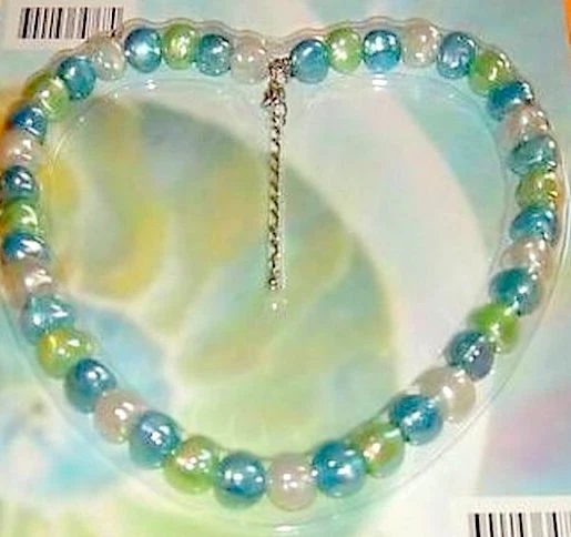 Perlenkette Kette Perlen beige-blau/türkis Messingverschluss nickelfrei - Bild 1 von 1