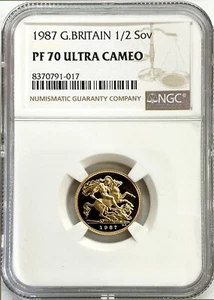 1987 GOLD GREAT BRITAIN 3.99 GRAMS PROOF 1/2 SOVEREIGN NGC PROOF 70 ULTRA CAMEO - Picture 1 of 2
