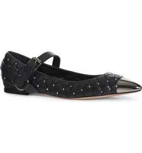 NIB VALENTINO Rockstud Spike Quilted Black Leather Flat Shoe Ankle Strap 37.5 -7 - Picture 1 of 10