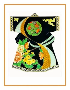 Japanese Black Green Gold Kimono Counted Cross Stitch Chart Pattern - Picture 1 of 4