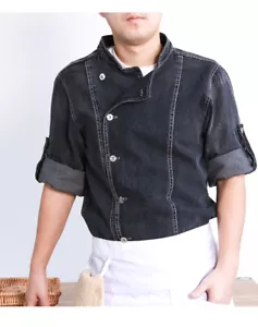 Unisex Chef Jacket Long Sleeve Cook Coat Men Women Denim Kitchen Uniform Suit - Picture 1 of 15