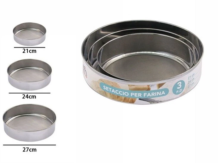 x Set 3 Pezzi Setaccio Setacci Rotondi In Metallo 21/24/27cm Dolci Farina dfh - Immagine 1 di 1
