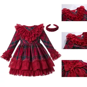US Mädchen spanischer Stil Gürtel Weihnachtskleider 2-10 Jahre roter Festzug plissiertes Spitzenkleid - Bild 1 von 22