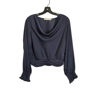 Blusa para mujer ASTR the Label cuello capucha satinado S azul marino manga larga cintura acanalada - Imagen 1 de 8