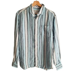 Camisa Tommy Bahama 100% Lino Rayas Azul Blanco Calce Relajado Camisa Abotonada - Imagen 1 de 11
