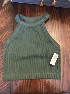 NWT Aerie Superchill Seamless High Neck Bra Top - Size Small Green Ribbed - Image 1 of 4