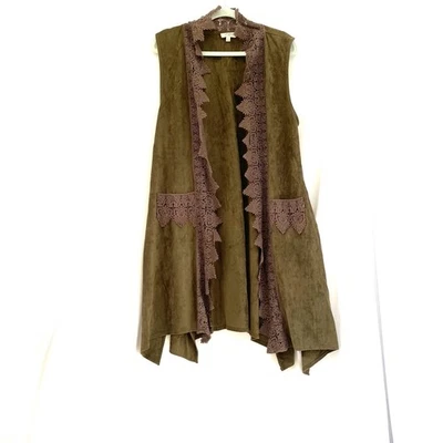 Chaleco Umgee Mujer Imitación Gamuza Crochet Encaje Ribete Talla L Verde Oliva Bolsillos Boho Foto 1 de 4