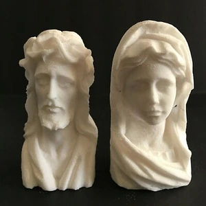 Vintage Signed 3 1/2" White Carved Jesus and Mary Busts - Picture 1 of 6
