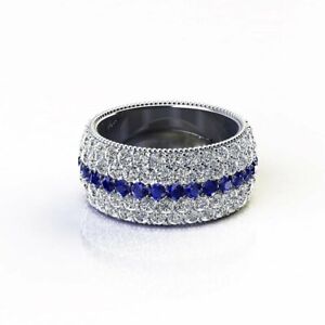 Sparkling Blue Sapphire With Vivid White CZ 4.48TCW Fine Wedding 925 Silver Band