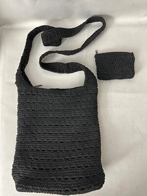 Bolso de hombro cubo de nailon de ganchillo negro de 2 piezas totalmente forrado con cremallera superior con bolsa con cremallera Foto 1 de 4