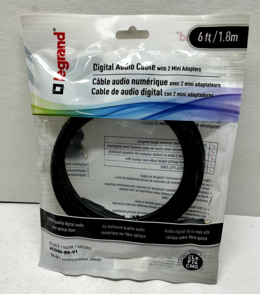 legrand - Cable de audio digital negro de 6 pies con 2 mini adaptadores AC2406-BK-V1 - NUEVO Foto 1 de 2