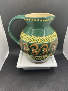 Majolica pottery Green pitcher Signed  by Artisan. Vintage. - Picture 1 of 10