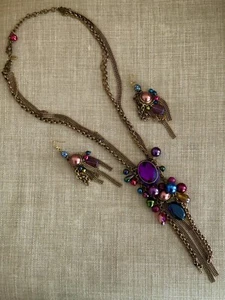 Vintage Steampunk Retro lange mehrlagige Ketten Strass Halskette Ohrringe Set - Bild 1 von 5