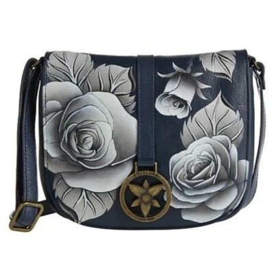 Bandolera Anuschka de cuero pintada a mano - Rosas románticas azul marino - Nueva con etiquetas Foto 1 de 4