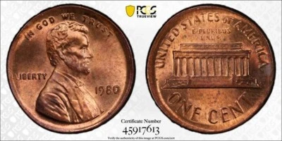 MINT ERROR: BU 1980 Lincoln Penny  Cent. PCGS MS64RB Broadstruck. - Image 1 of 4