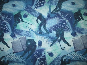 Hockey Sports Net Goal Overall Blue White Cotton Fabric FQ - Picture 1 of 6