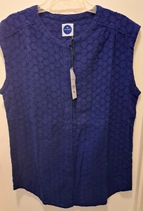 NAVYBLEU Women's Navy Eyelet sleeveless Tunic Blouse L Cotton NEW REDUCTION - Picture 1 of 3