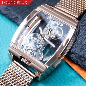Automatic Mechanical Skeleton Bridge Movement Watch Luminous Hands Rose Gold - Picture 1 of 10