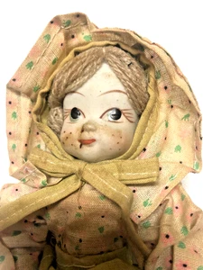 9" cloth doll porcelain face hands shoes Dress apron bonnet sweet happy face MCM - Picture 1 of 6