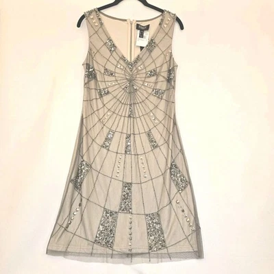 Adrianna Papell Dress 4 "Mink" Taupe Silver Mesh Beaded Sequin Mini NWT Wedding  - Image 1 of 4