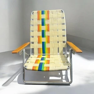 VTG Rainbow Striped Mesh Aluminum Folding Lawn Chair Beach Deck Chair Wooden Arm - Picture 1 of 7