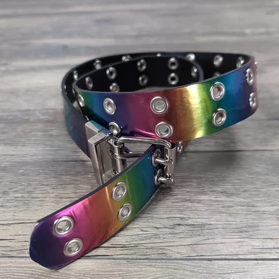 Cinturón Spencer Metálico Arco Iris Doble Punta Ojal Cuero Vegano Talla OSFM  Foto 1 de 4