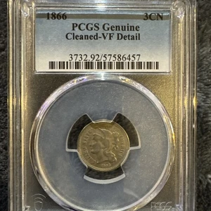 1866 PCGS Genuine Cleaned VF Detail Three Cent Nickel Coin - Picture 1 of 4