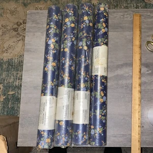 York Wallcoverings Dark Blue Back Ground Floral Print Wallpaper 4 Double Rolls - Picture 1 of 10