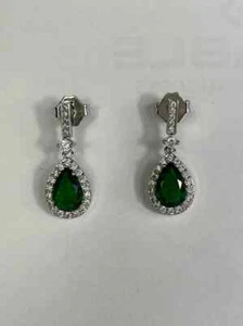 Sterling Silver Green Emerald Engagement Earring, Emerald Wedding Earring 8 - Picture 1 of 2