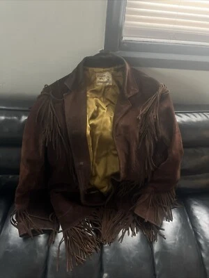 Chaqueta de cuero de gamuza con flecos hippie occidental Pioneer Wear de colección para hombre talla 42 marrón *LEER Foto 1 de 4