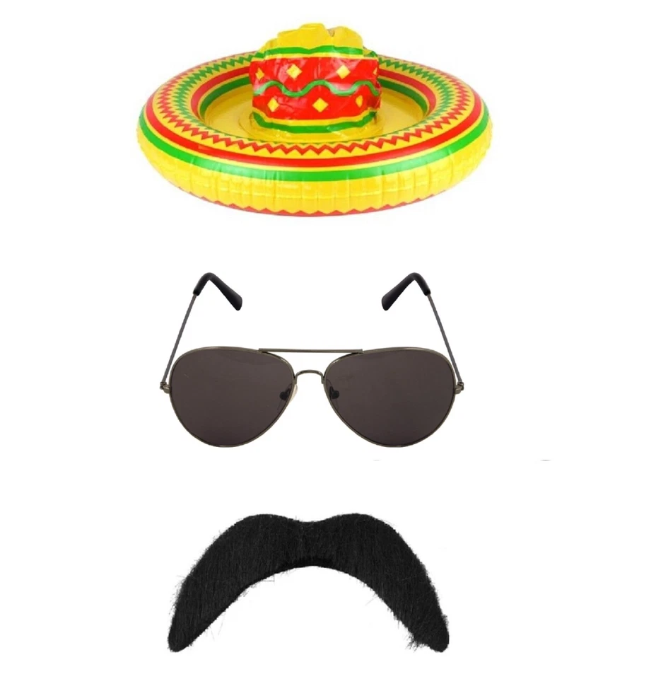 Mexican Themed Fancy Dress Cartel Costume Sombrero Hat Glasses Moustache Tash - Image 1 of 4