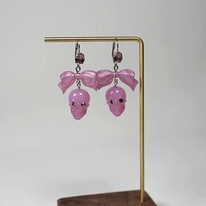 Tarina Tarantino Purple Pink Skull Bow Drop Earrings - Picture 1 of 4