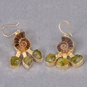 Natural Ammonite Fossil And Peridot Gemstone Designer Earrings - Picture 1 of 4