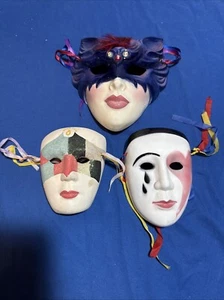 Lot Of 3 Vintage Clay Art Hand Painted Art Deco Lady Wall Masks - Picture 1 of 15