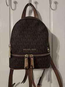 Michael Kors Mini Rhea Logo Backpack Brown Leather, Both Straps Included - Picture 1 of 10